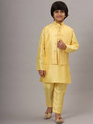 Boys yellow kurta set with embroidered nehru jacket 1