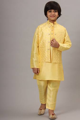 Boys yellow kurta set with embroidered nehru jacket