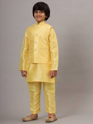 Boys yellow kurta set with embroidered nehru jacket 2