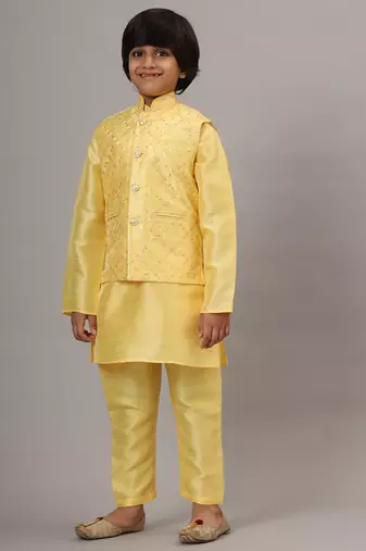 Boys yellow kurta set with embroidered nehru jacket