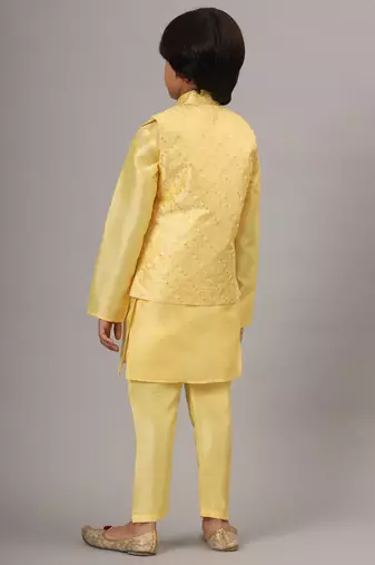 Boys yellow kurta set with embroidered nehru jacket