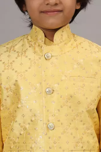 Boys yellow kurta set with embroidered nehru jacket