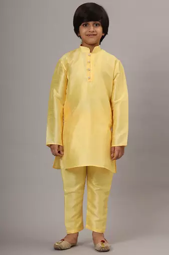 Boys yellow kurta set with embroidered nehru jacket