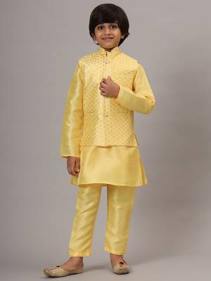 Boys light yellow kurta set embroidered with nehru jacket 1