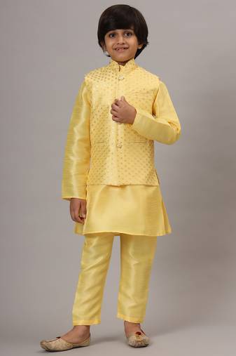 Boys light yellow kurta set embroidered with nehru jacket