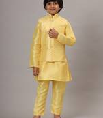 Boys light yellow kurta set embroidered with nehru jacket