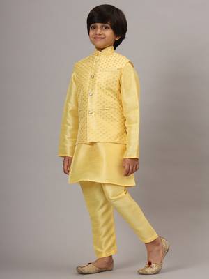 Boys light yellow kurta set embroidered with nehru jacket 2