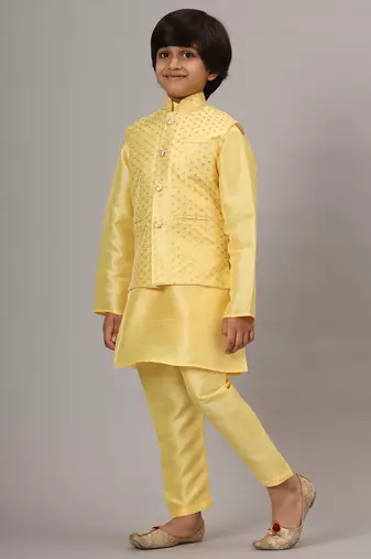 Boys light yellow kurta set embroidered with nehru jacket