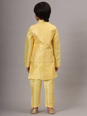 Boys light yellow kurta set embroidered with nehru jacket 3