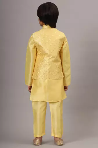 Boys light yellow kurta set embroidered with nehru jacket