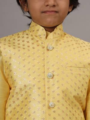 Boys light yellow kurta set embroidered with nehru jacket 4