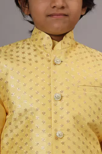 Boys light yellow kurta set embroidered with nehru jacket