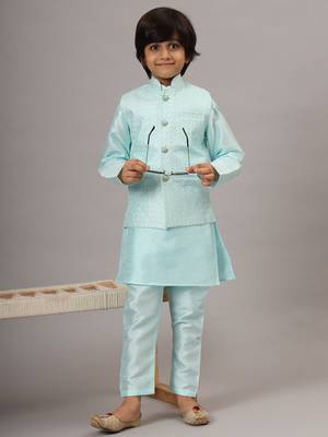 Boys blue kurta set with embroidered nehru jacket 1
