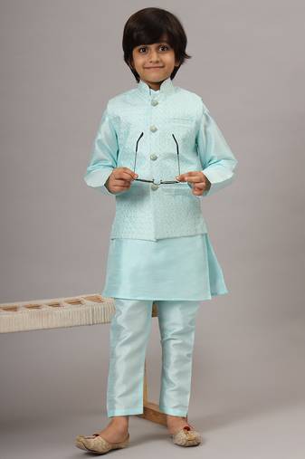 Boys blue kurta set with embroidered nehru jacket