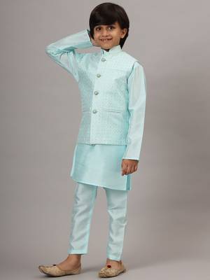 Boys blue kurta set with embroidered nehru jacket 2