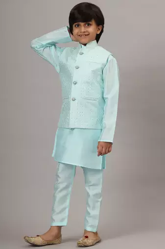 Boys blue kurta set with embroidered nehru jacket