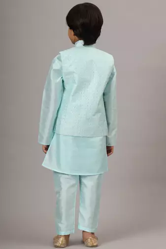 Boys blue kurta set with embroidered nehru jacket