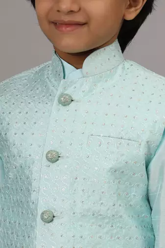 Boys blue kurta set with embroidered nehru jacket