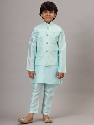 Boys blue kurta set with embroidered nehru jacket 5