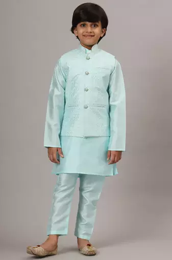 Boys blue kurta set with embroidered nehru jacket