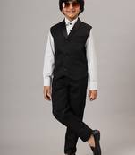 Black tuxedo waistcoat with white stripes shirt and black trousers