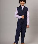 Blue tuxedo waistcoat with  purple stripes shirt and blue trousers