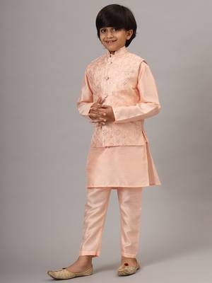 Boys peach kurta set with embroidered nehru jacket 1