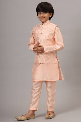 Boys peach kurta set with embroidered nehru jacket