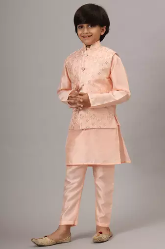 Boys peach kurta set with embroidered nehru jacket
