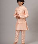 Boys peach kurta set with embroidered nehru jacket