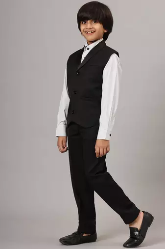 Black tuxedo waistcoat with white stripes shirt and black trousers