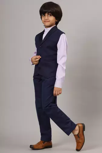 Blue tuxedo waistcoat with  purple stripes shirt and blue trousers