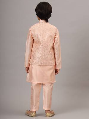 Boys peach kurta set with embroidered nehru jacket 3