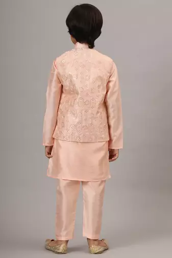 Boys peach kurta set with embroidered nehru jacket