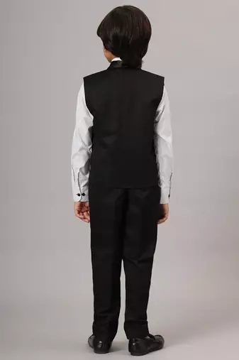Black tuxedo waistcoat with white stripes shirt and black trousers