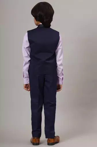 Blue tuxedo waistcoat with  purple stripes shirt and blue trousers