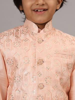 Boys peach kurta set with embroidered nehru jacket 4