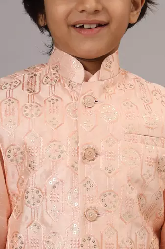 Boys peach kurta set with embroidered nehru jacket