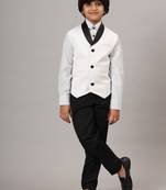 White tuxedo waistcoat with white  stripes shirt and black trousers