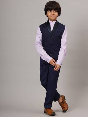 Blue tuxedo waistcoat with  purple stripes shirt and blue trousers 4