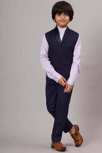 Blue tuxedo waistcoat with  purple stripes shirt and blue trousers
