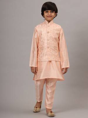Boys peach kurta set with embroidered nehru jacket 5