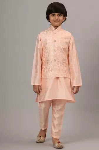 Boys peach kurta set with embroidered nehru jacket