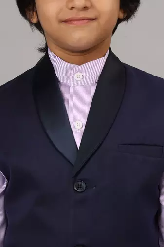 Blue tuxedo waistcoat with  purple stripes shirt and blue trousers