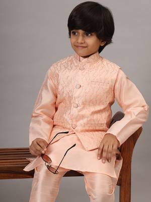 Boys light pink kurta set with embroidered nehru jacket 1