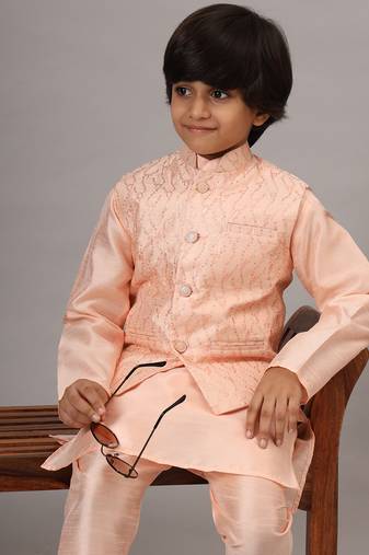 Boys light pink kurta set with embroidered nehru jacket
