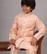 Boys light pink kurta set with embroidered nehru jacket