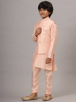 Boys light pink kurta set with embroidered nehru jacket 2