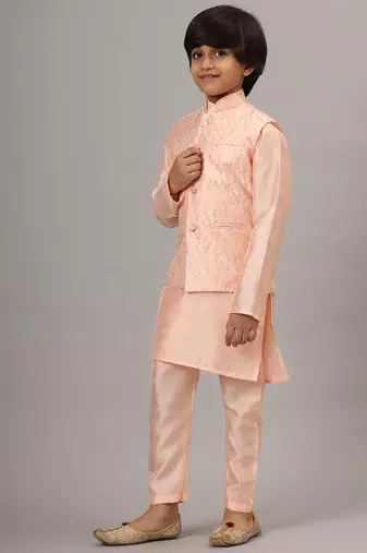 Boys light pink kurta set with embroidered nehru jacket