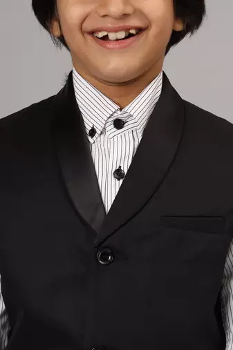 Black tuxedo waistcoat with white stripes shirt and black trousers